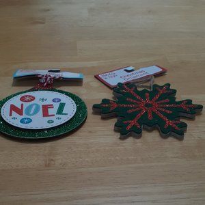 Set of 2 Holiday Style Wood Glitter Ornaments New